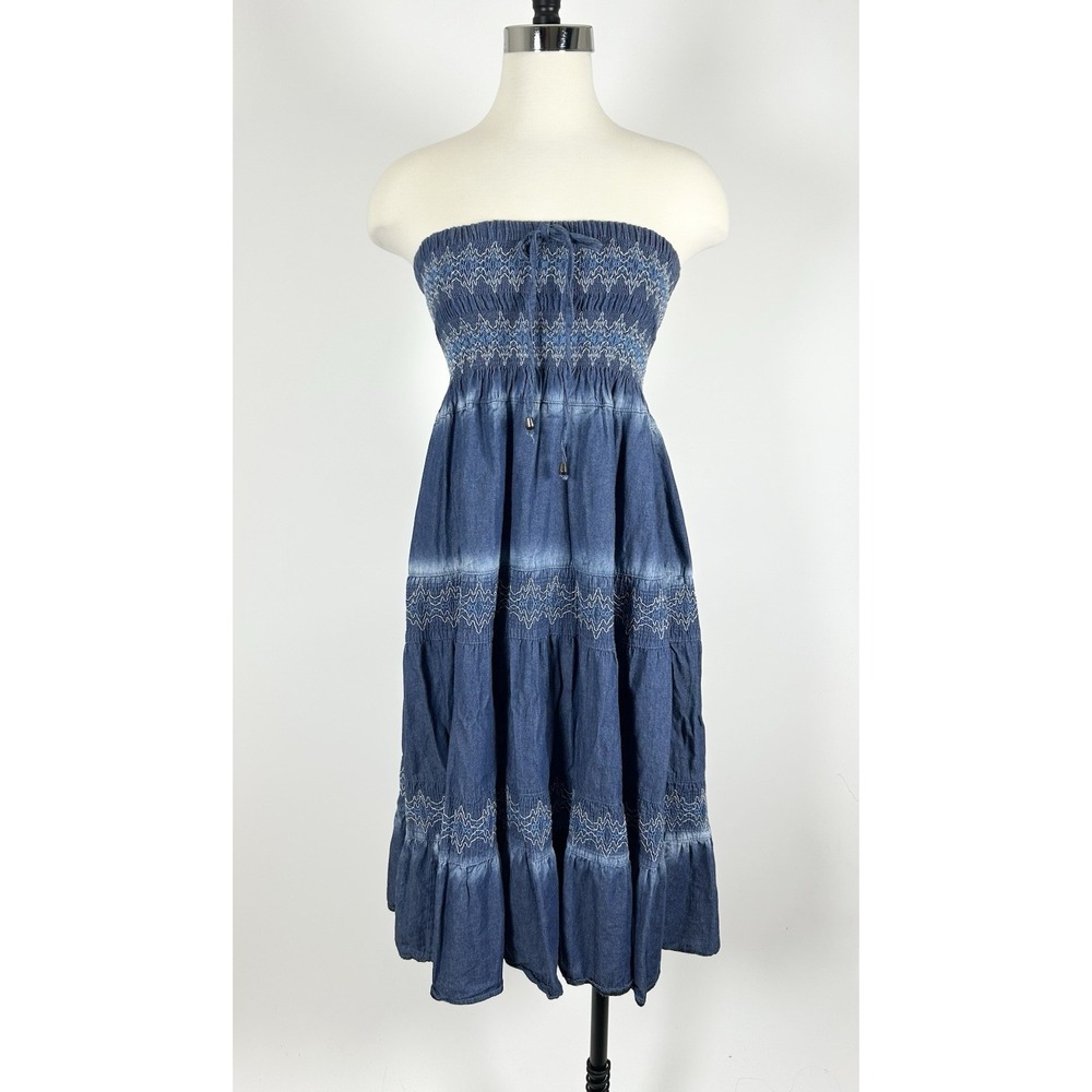 Drefbufy Maxi Skirt Women's Small Tiered Chambray Denim Blue Smocked Dress Y2K
